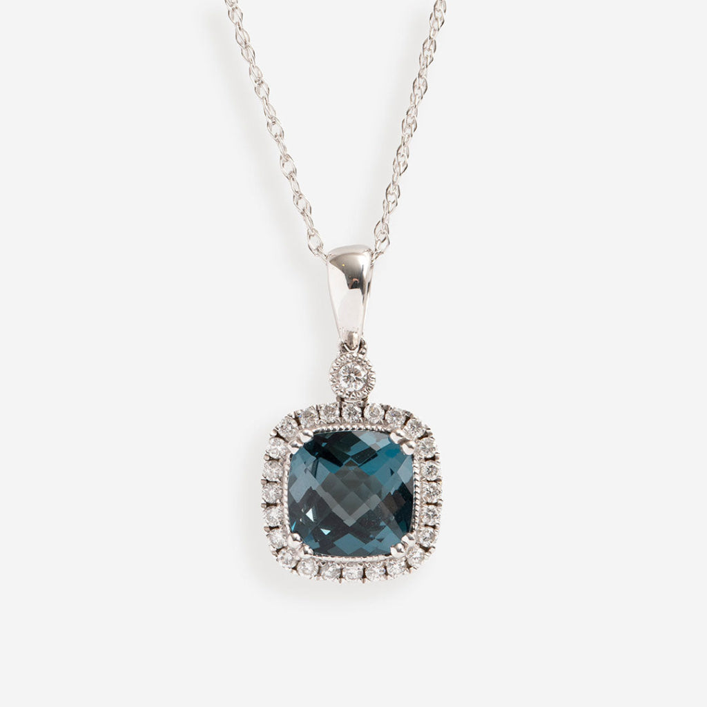 Cushion Blue Topaz & Diamond Necklace | 9ct White Gold