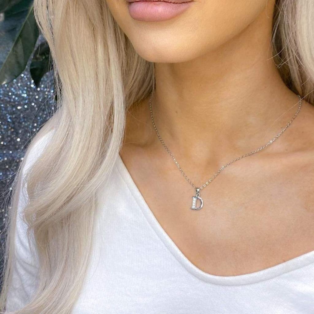 Woman wearing Sterling Silver D Initial Necklace new