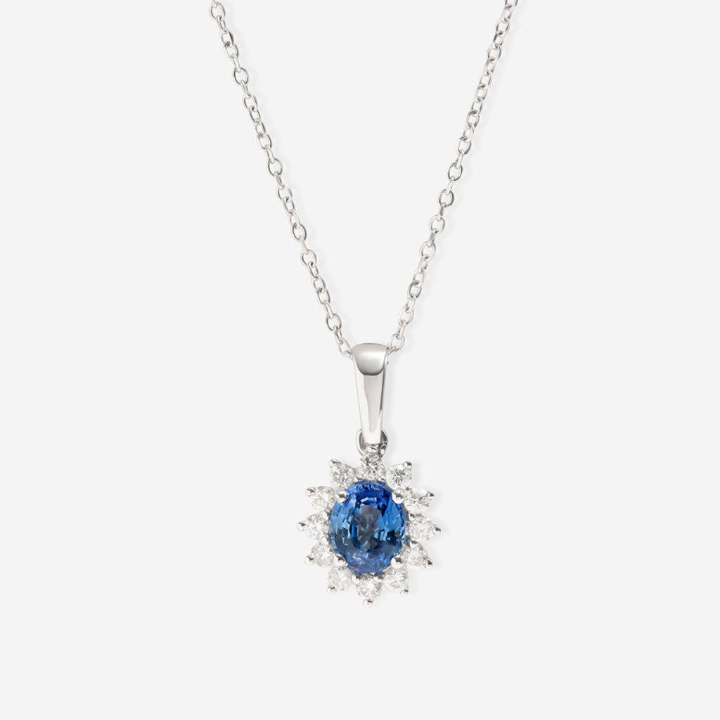 white gold diamond and sapphire pendant on chain