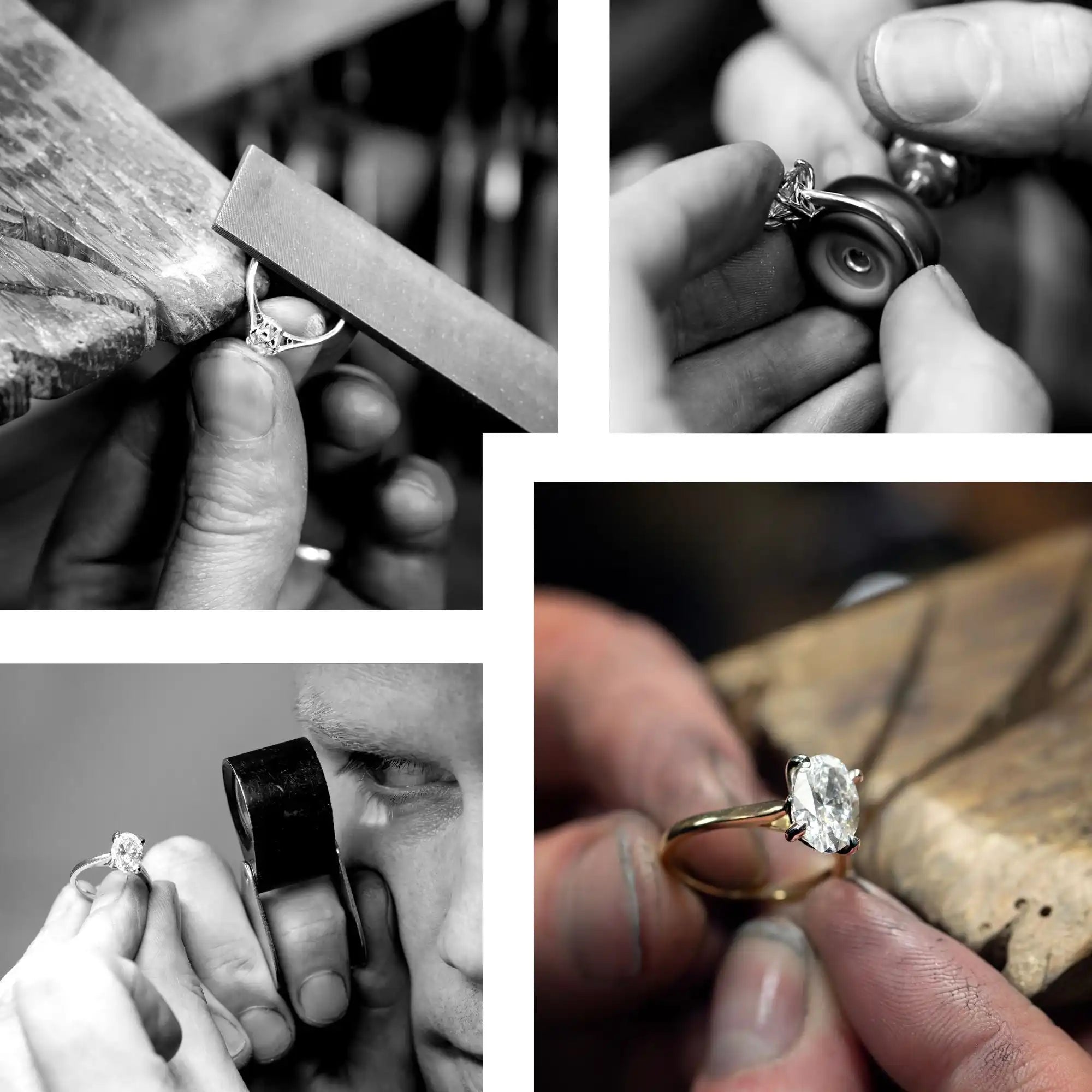 Diamond engagement ring being crafted and inspected by a jeweler.