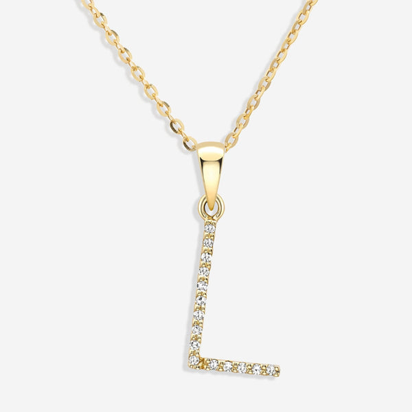 Initial Necklace Pearl Charm Letter L Diamond Pendant Yellow Gold