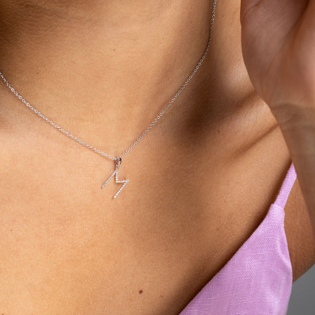 Model wearing Diamond -M- Necklace | 9ct Gold - Necklace