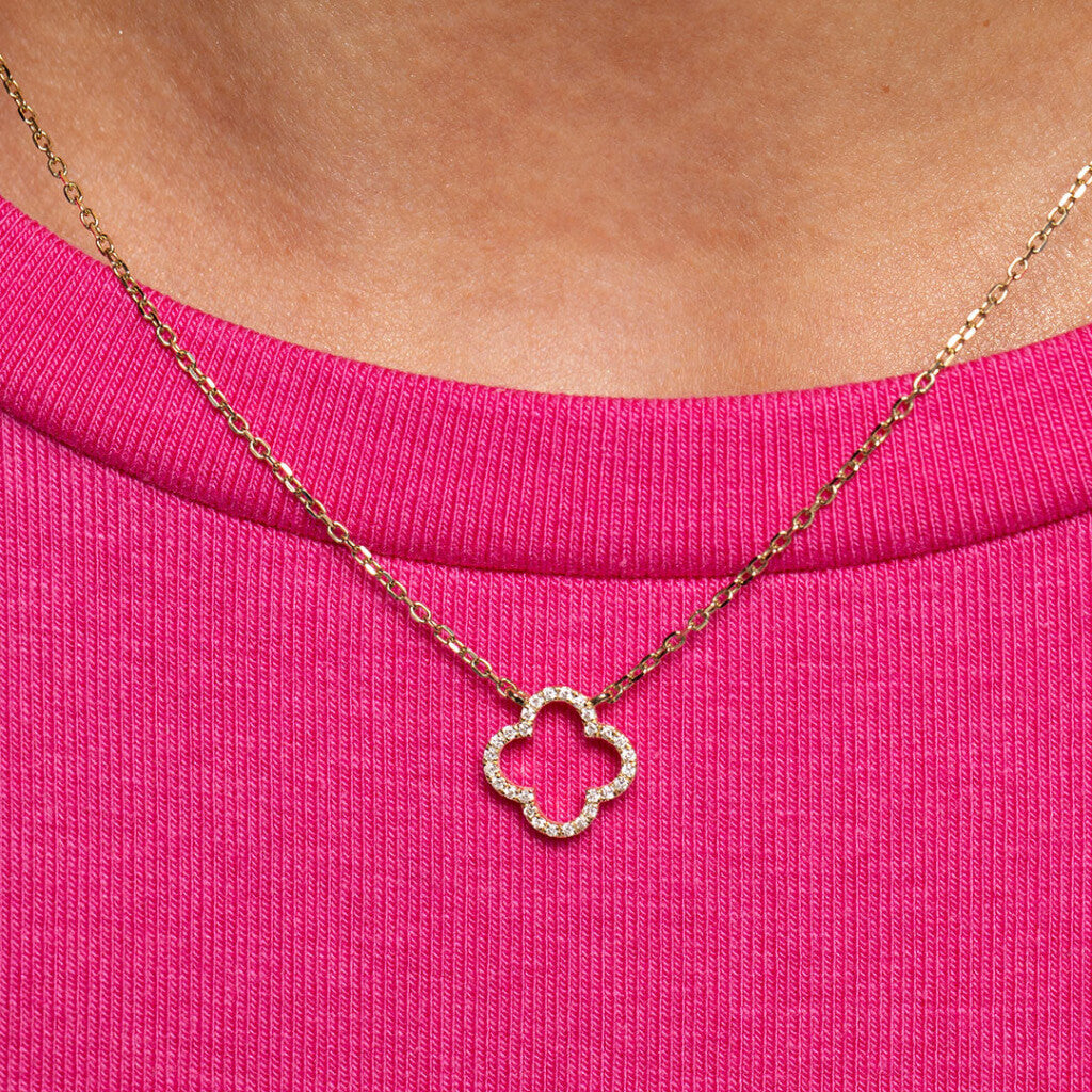Model with pink top wearing Diamond Palace Necklace - 9ct gold. Photo 2