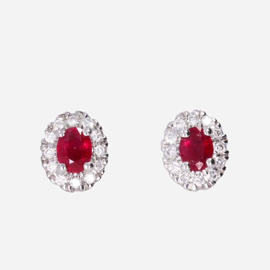 Diamond & Ruby Classic Oval Halo Earrings | 9ct White Gold