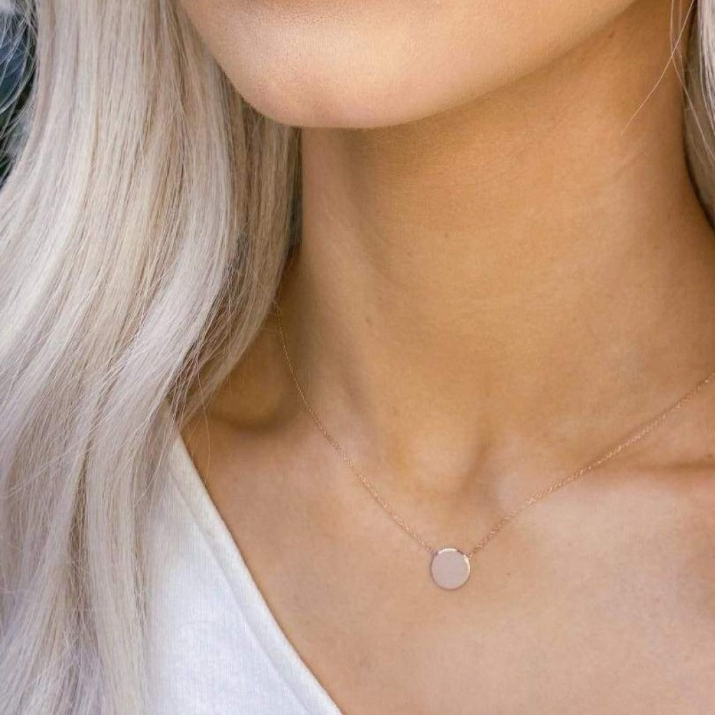 Woman wearing 9ct Rose Gold Disc Necklace