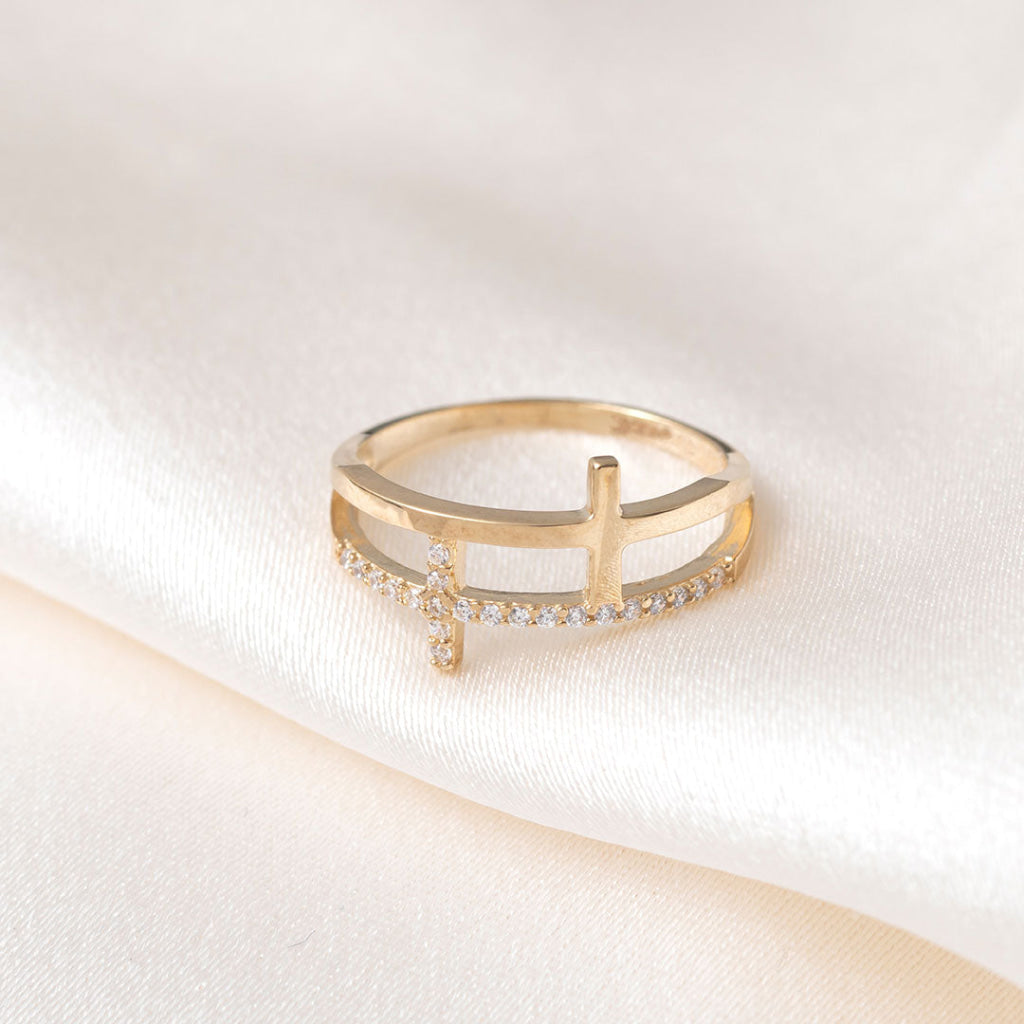Double Cross Zirconia Ring | 9ct Gold - Rings