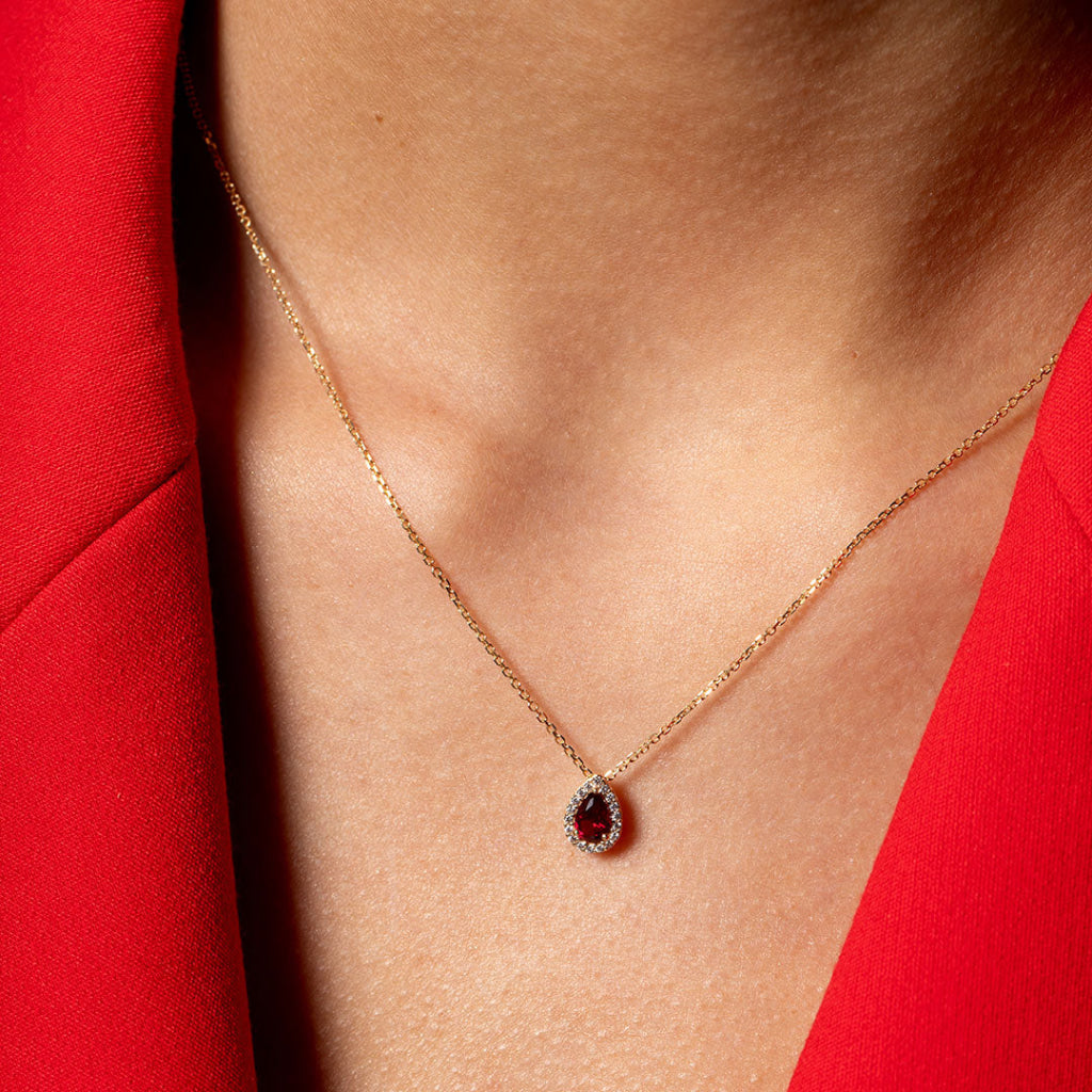 DROP OF COLOUR NECKLACE RED - displayed on ladies neck