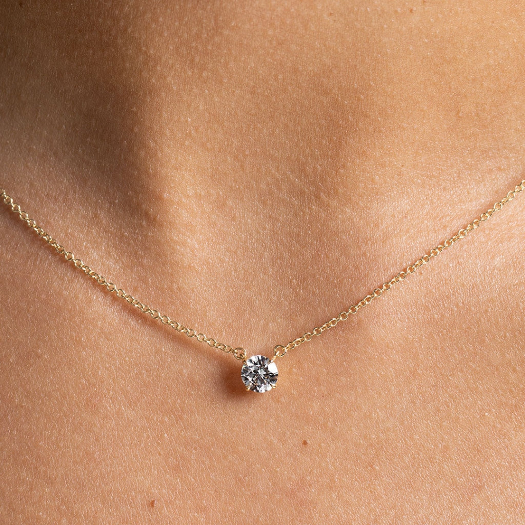 Model wearing Duchess Round Lab Grown Diamond Necklace | 18ct Gold close up