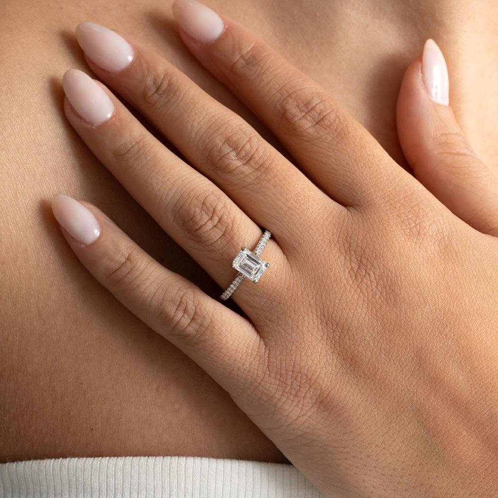 ELLIE 1.45ct | Emerald Cut Solitaire Lab Grown Diamond Engagement Ring in Platinum