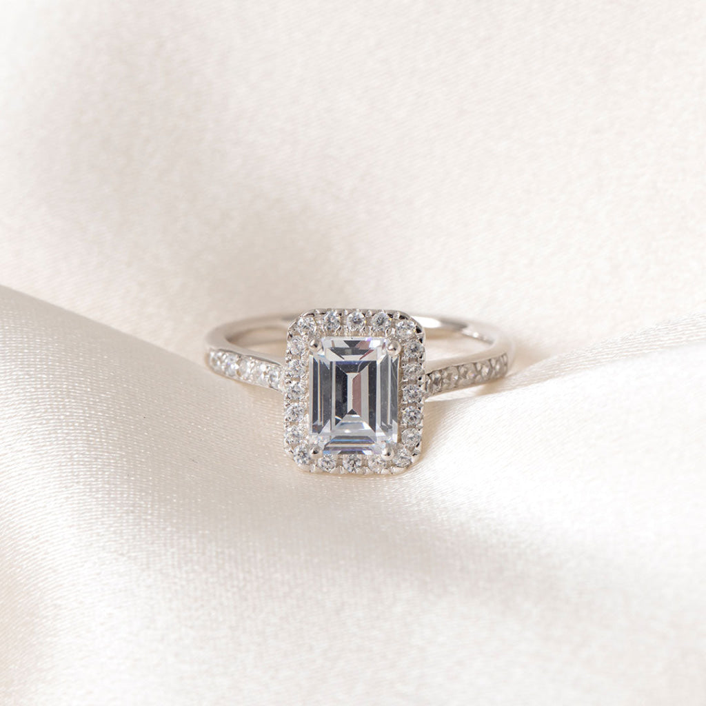 CZ Emerald Cut Halo Ring | Sterling Silver - Rings