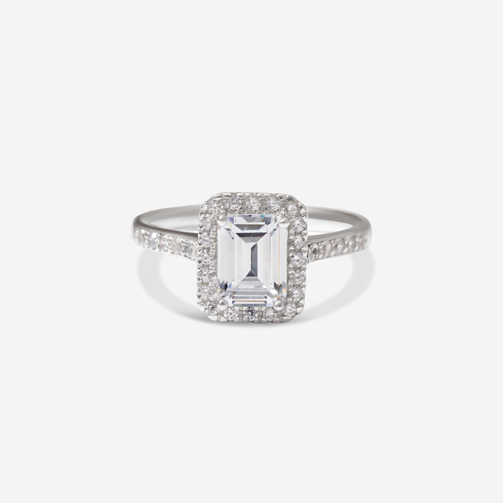 CZ Emerald Cut Halo Ring | Sterling Silver - Rings