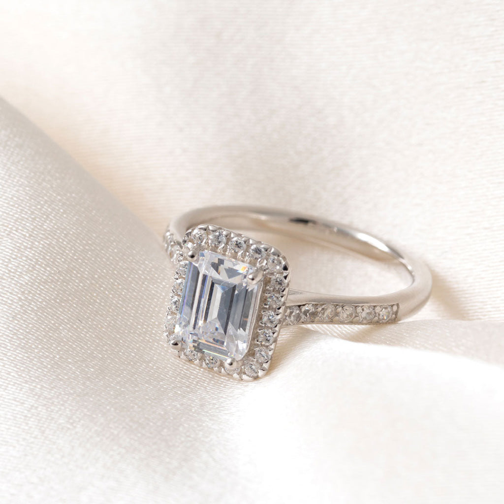 CZ Emerald Cut Halo Ring | Sterling Silver - Rings