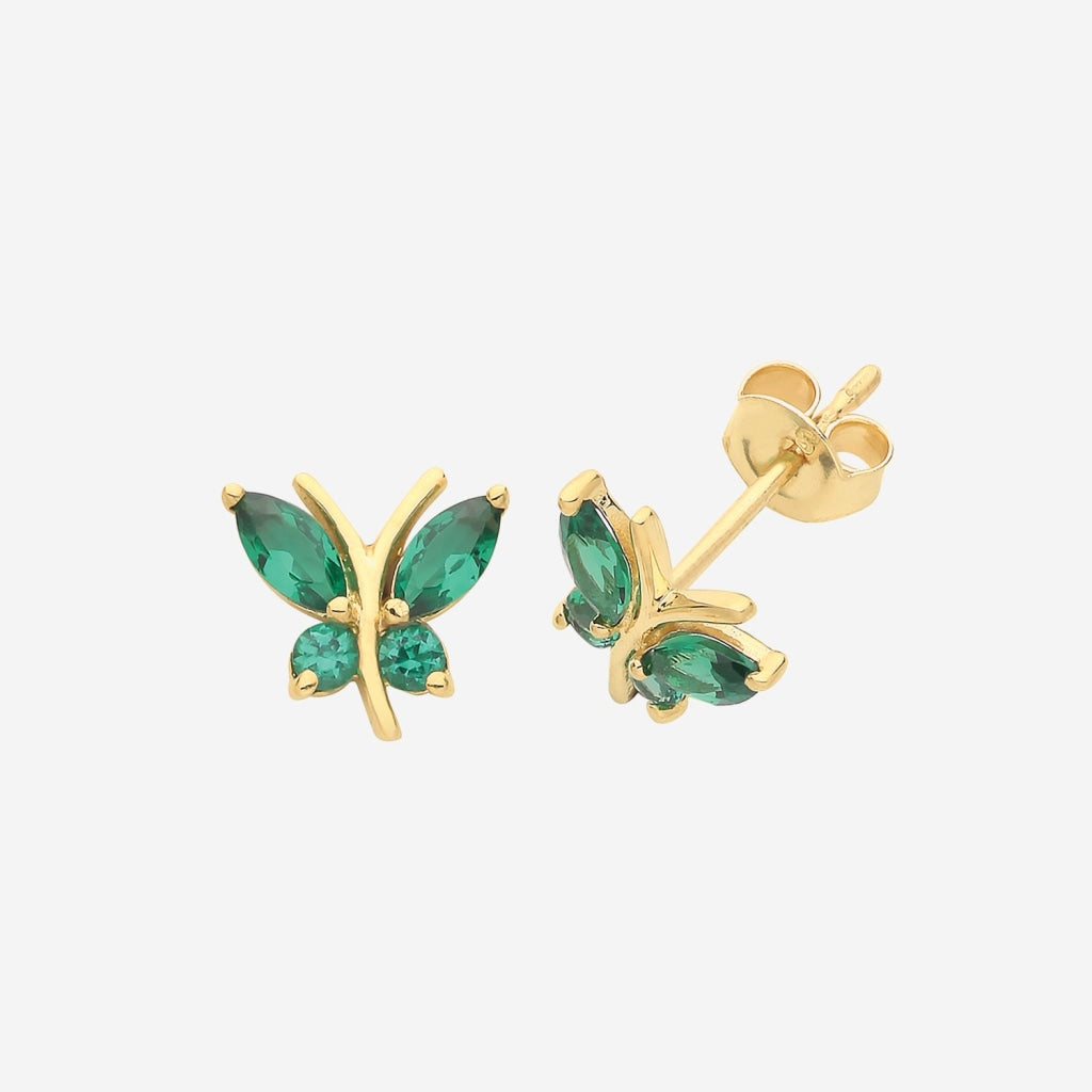 emerald cz 9ct gold butterfly earrings