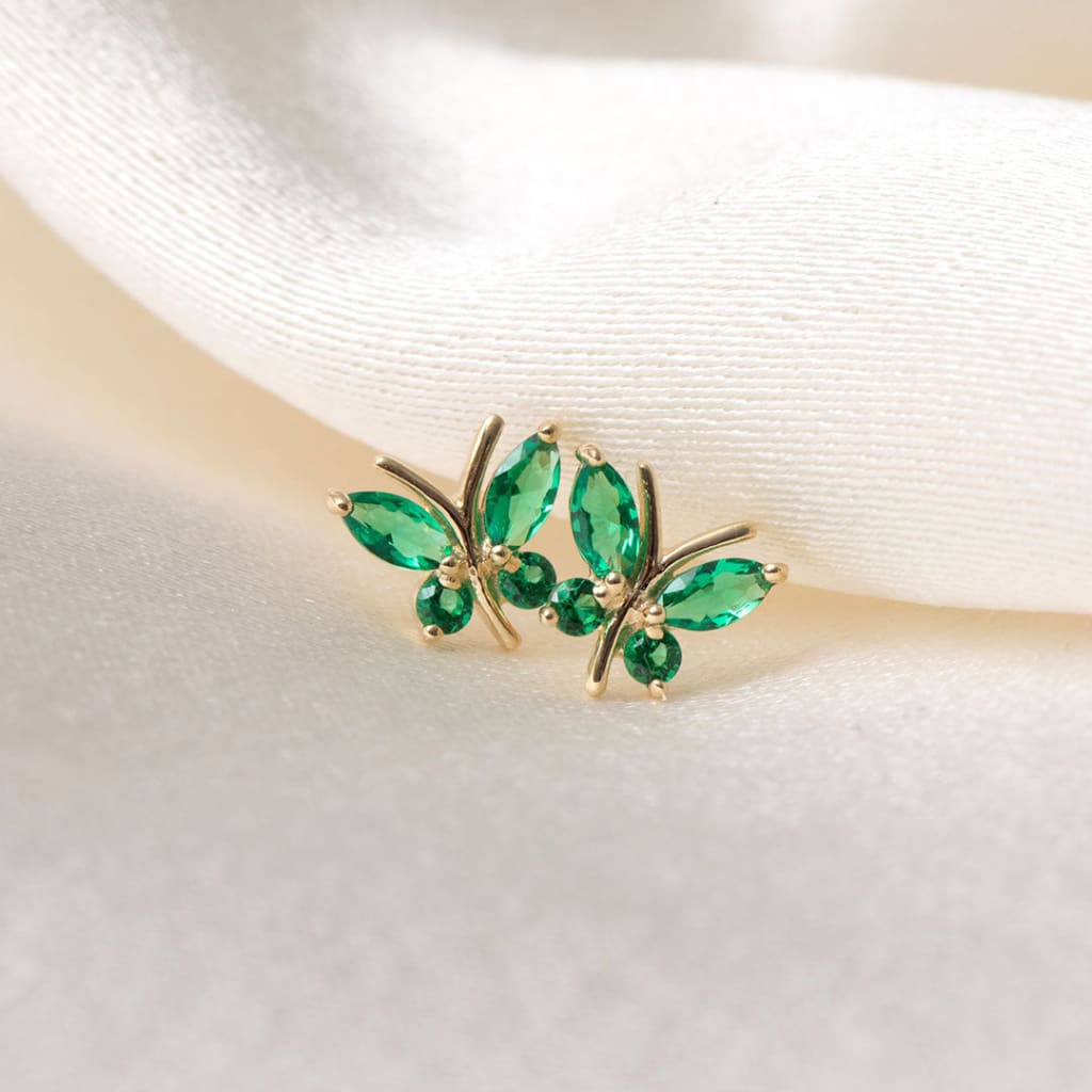 Emerald CZ Butterfly Earrings | 9ct Gold