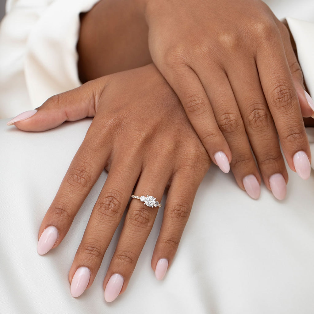 Eros |18ct Gold Three Stone Lab Grown Engagement Ring - Model