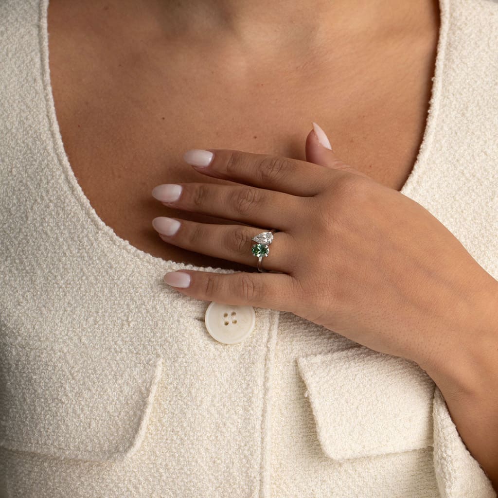 model wearing platinum engagement ring