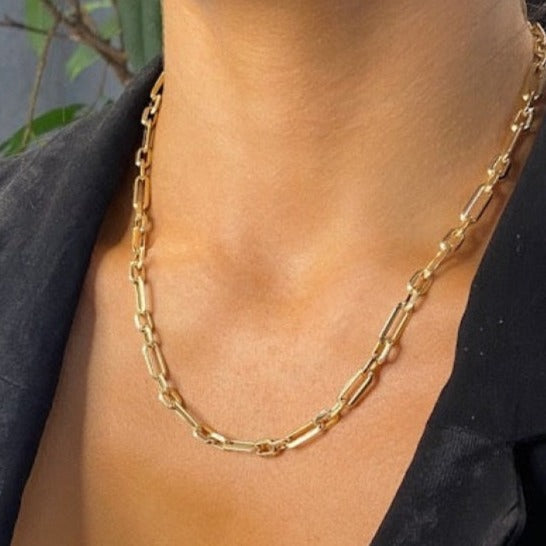 9ct gold necklace on models neck