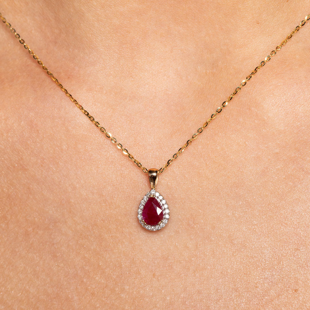 Gaiety ruby necklace on models neck