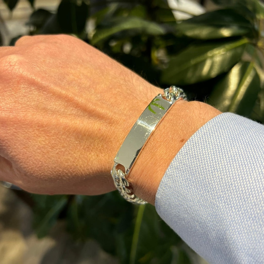 Gents Curb Bombe Identity Bracelet | Sterling Silver - Hand Photo