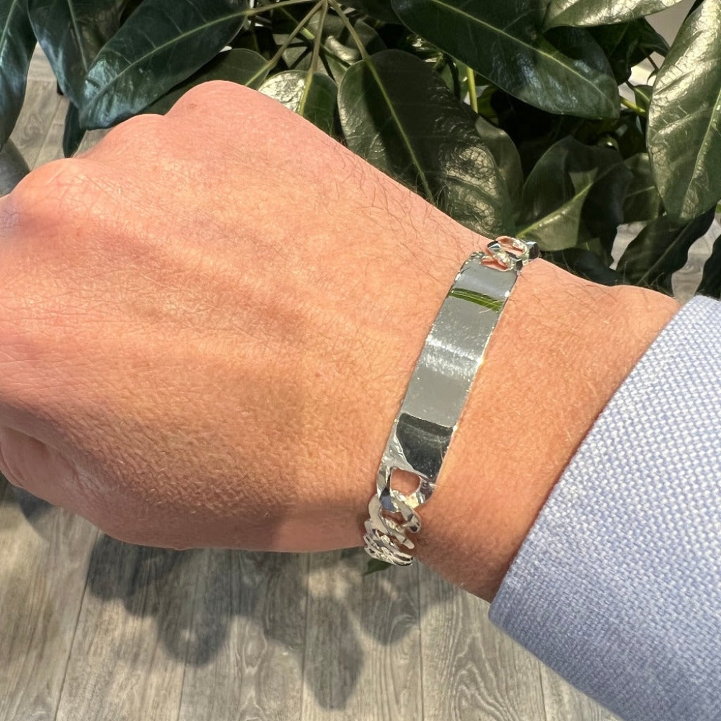 Gents Curb Identity Bracelet | Sterling Silver - Hand Photo