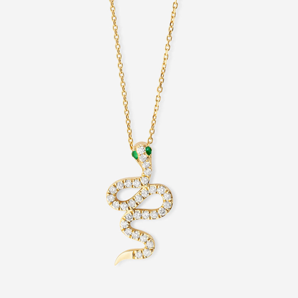 Green Eyed Snake Natural Diamond Necklace | 9ct Gold