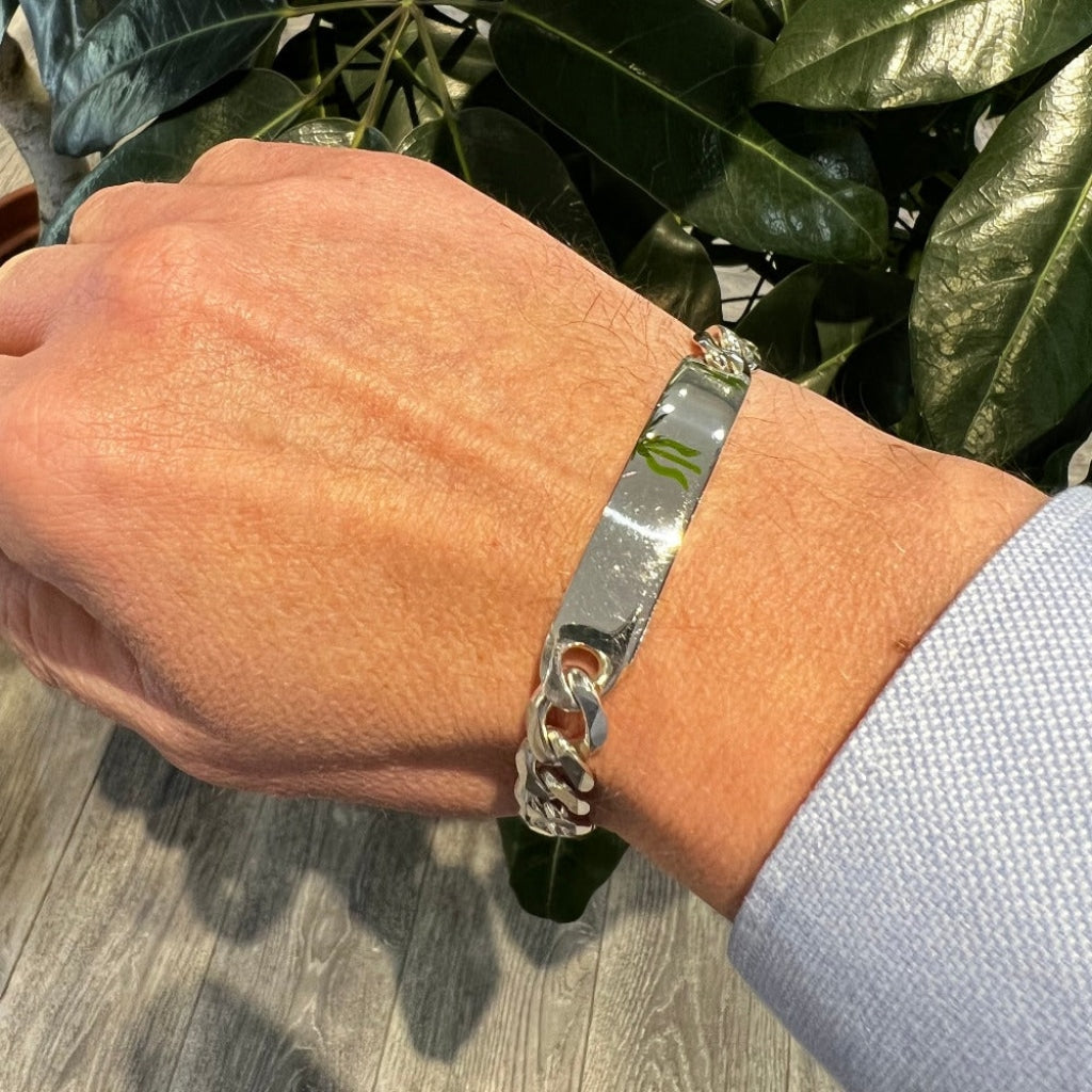 Heavy Gents Curb Identity Bracelet | Sterling Silver - Hand Photo