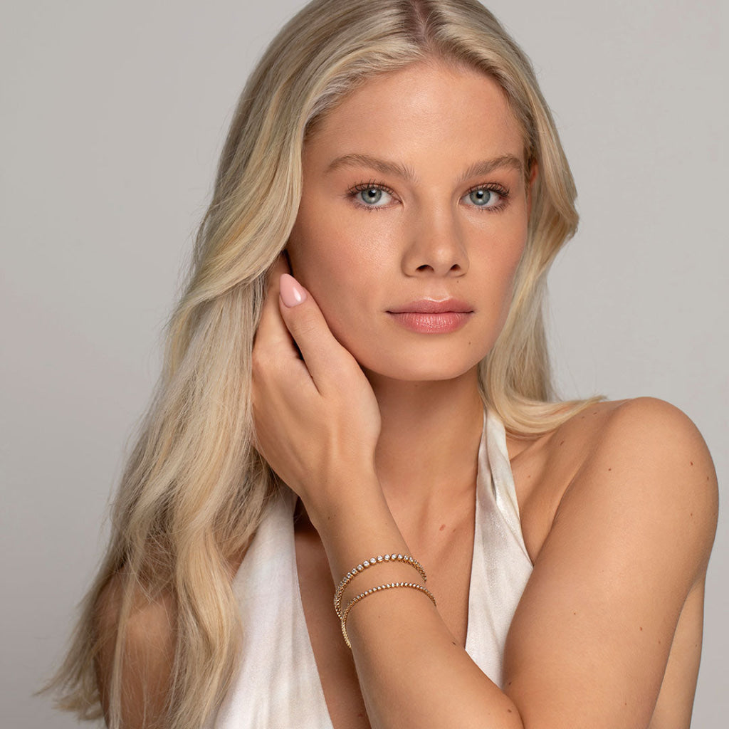model wearing diamond tennis bracelets