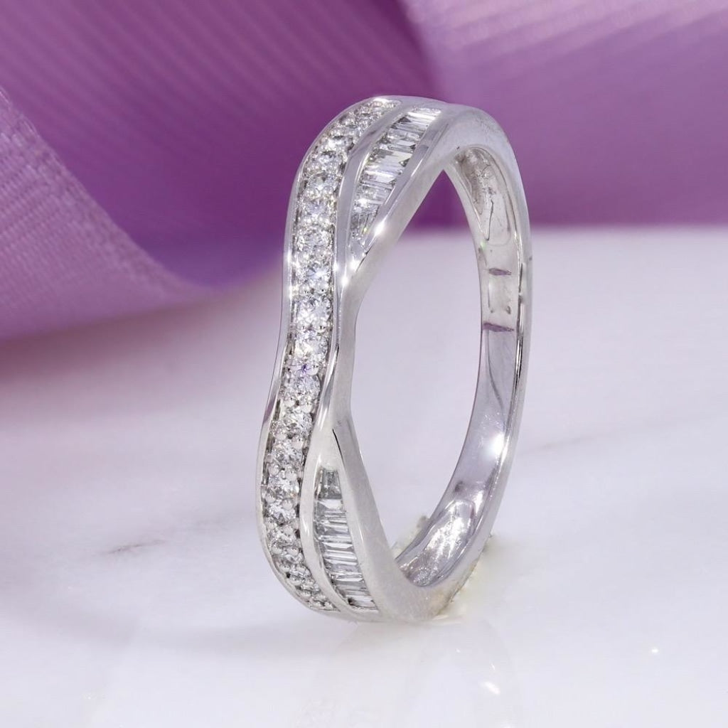 Round & Baguette Shaped Diamond Wedding Ring | 9ct White 