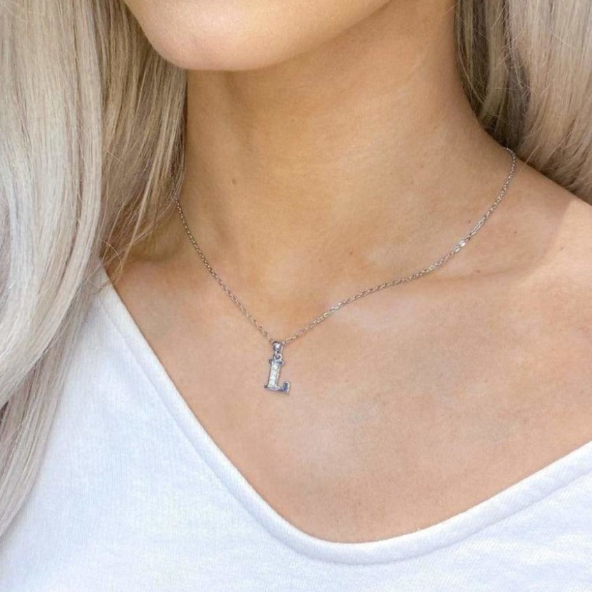 Woman wearing Sterling Silver L Initial Necklace