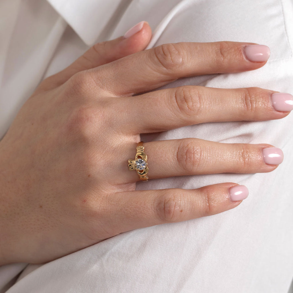 Ladies Cubic Zirconia Claddagh Ring | 10ct Gold - Rings
