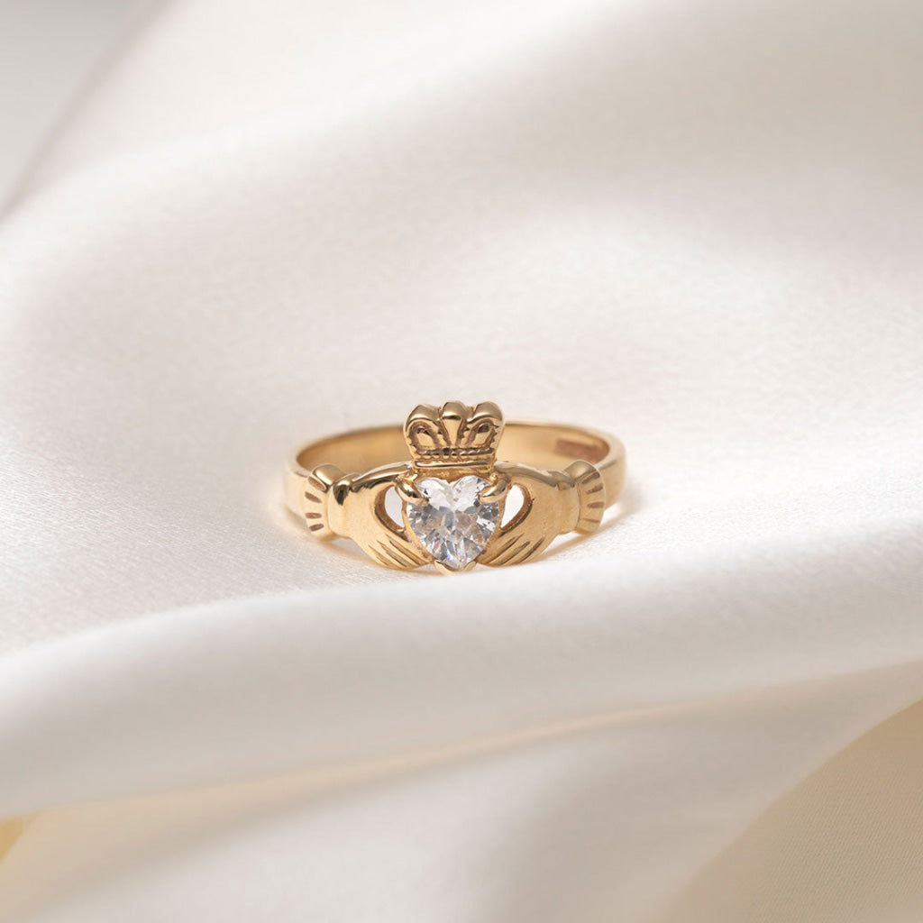 Ladies Cubic Zirconia Claddagh Ring | 10ct Gold Rings