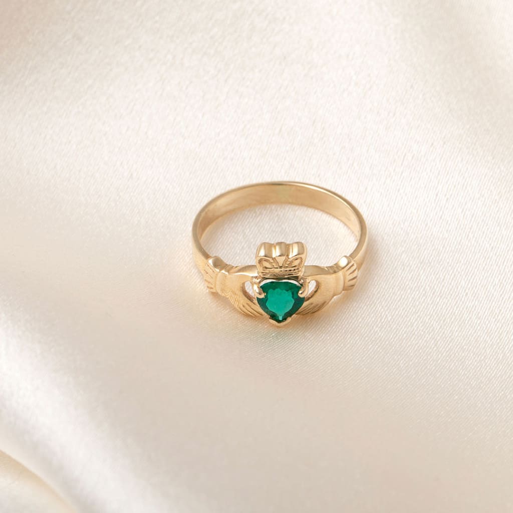 Ladies Green Cubic Zirconia Claddagh Ring | 10ct Gold