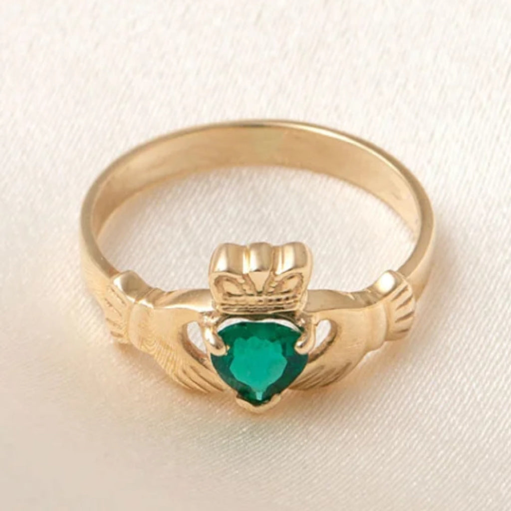 Ladies Green Cubic Zirconia Claddagh Ring | 10ct Gold