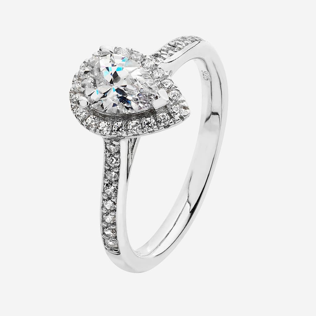 Large CZ Pear Halo Ring | Sterling Silver