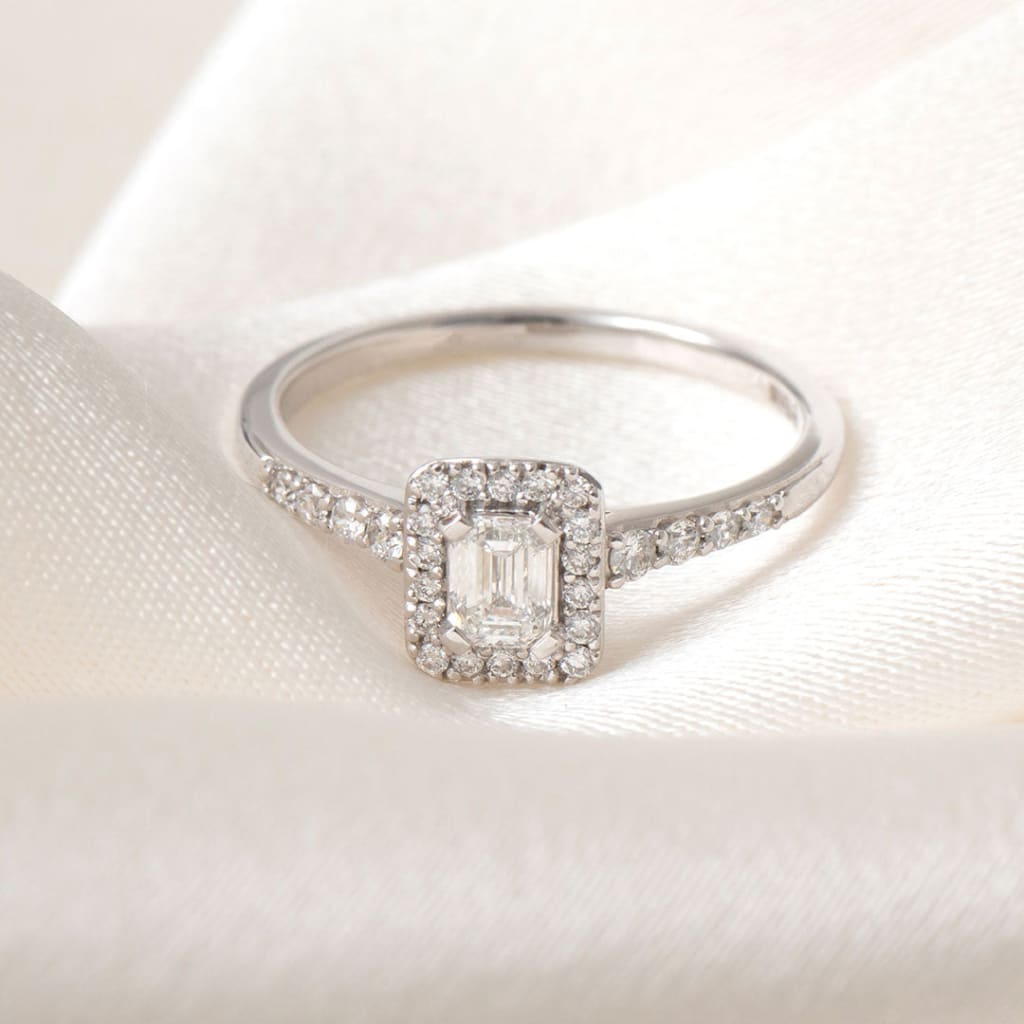 LUNA 0.50ct | Emerald Cut Halo Diamond Engagement Ring in 18ct White Gold