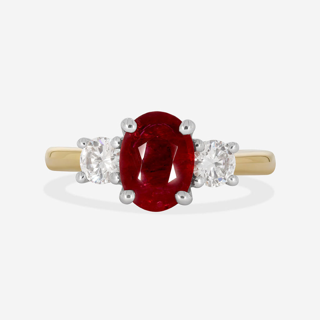 ruby and diamond three stone engagement ring