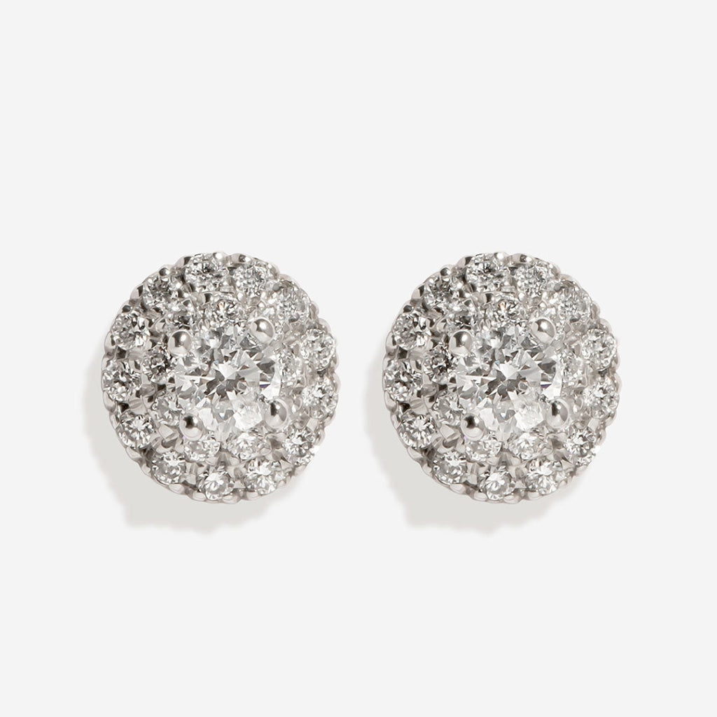 Mae round halo diamond earrings on white background