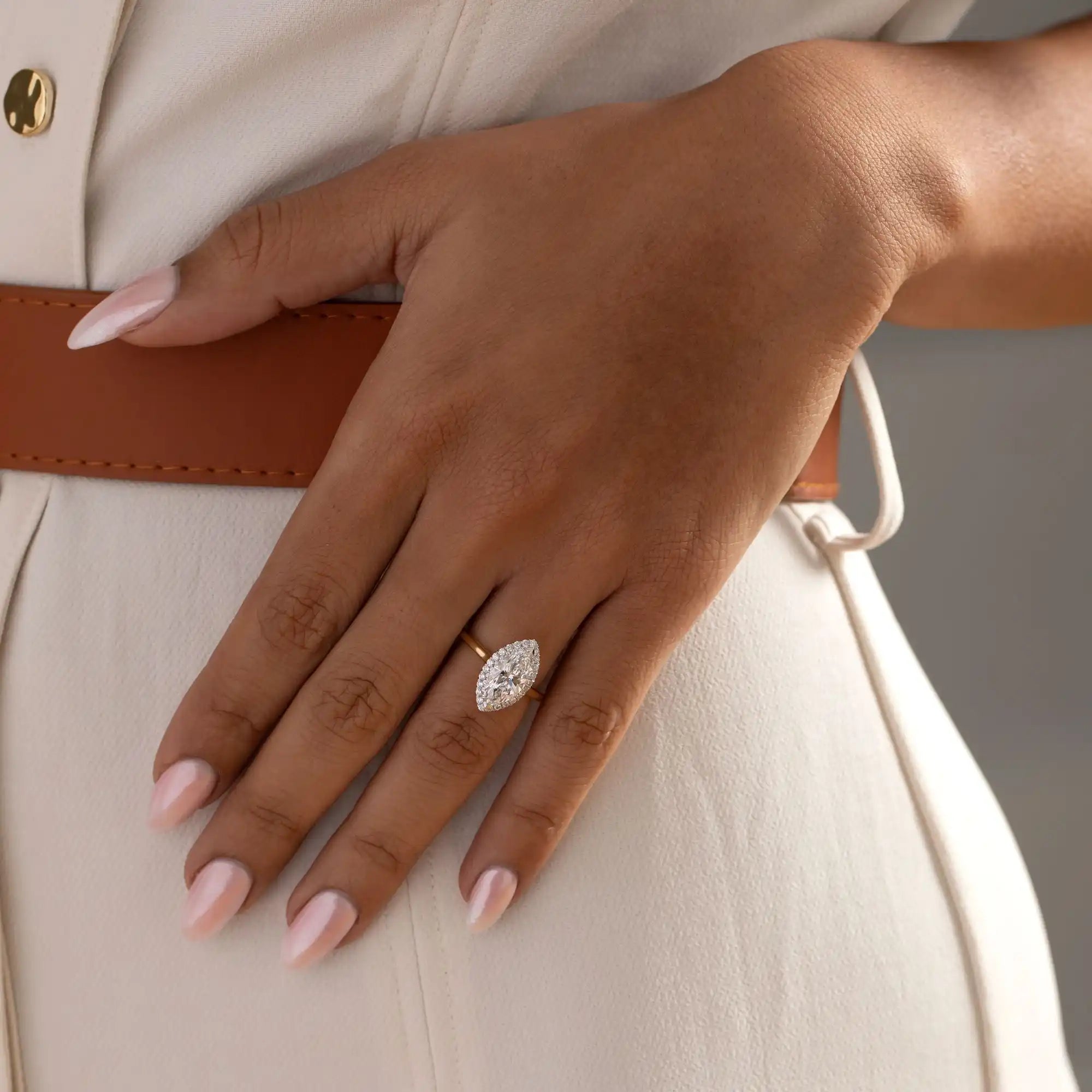 Marquise-cut diamond ring.