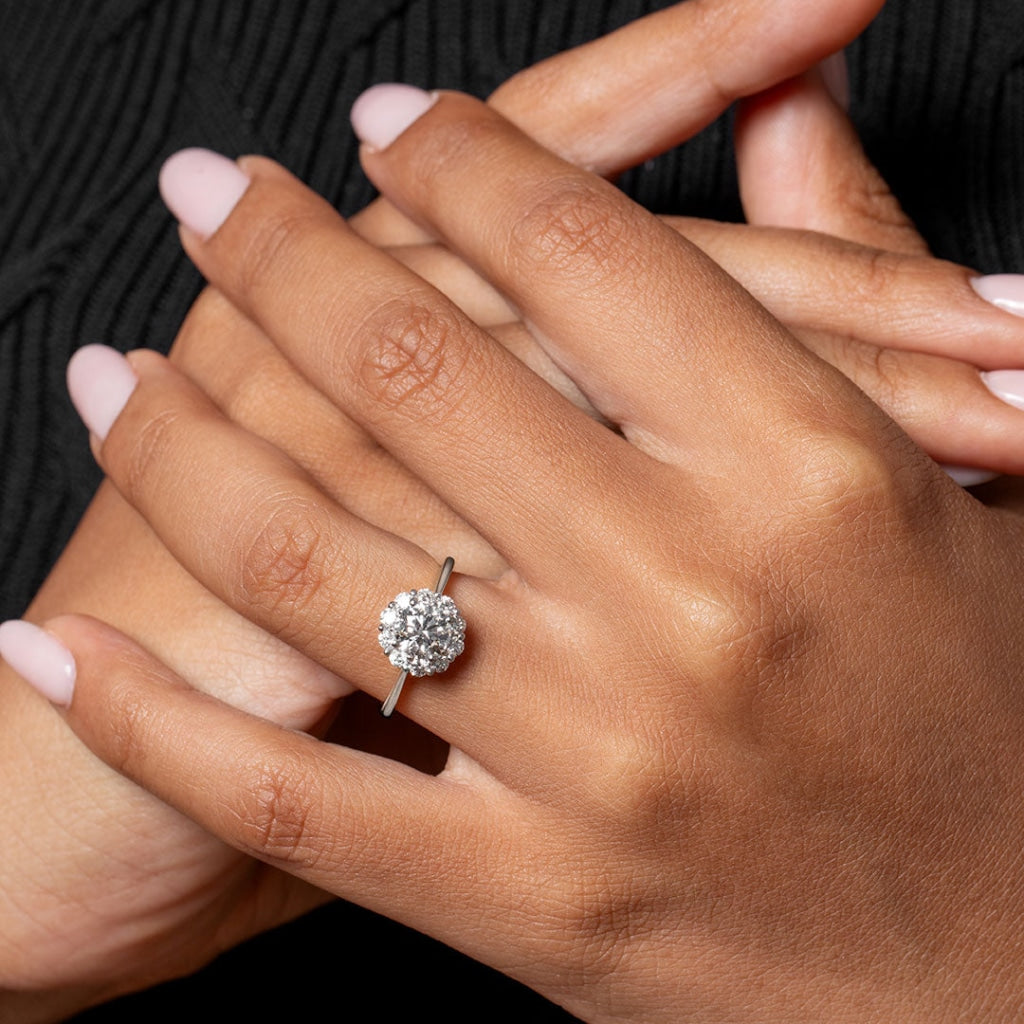 Model wearing Oracle Halo Diamond Engagement Ring in Platinum