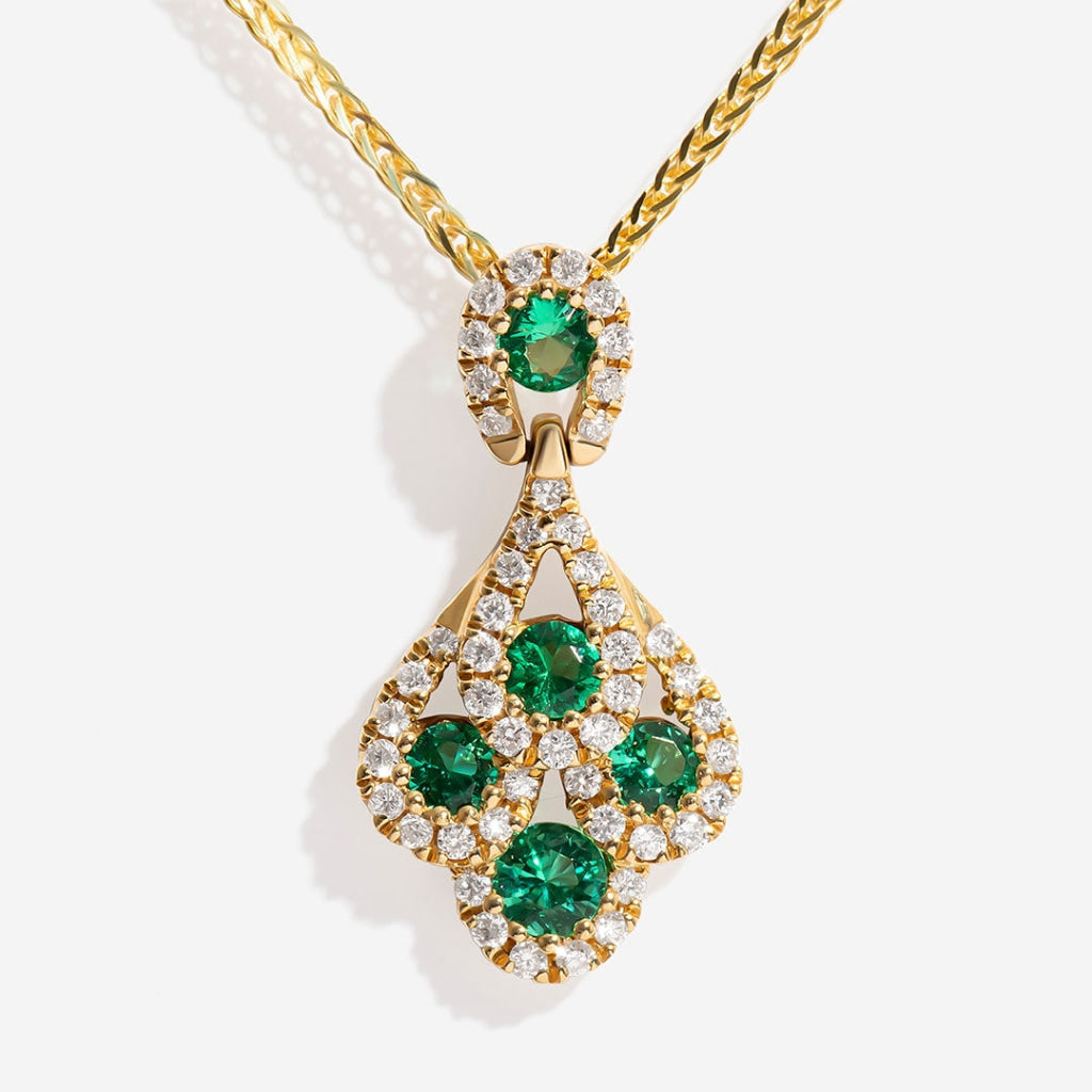 Peacock Emerald and Diamond Necklace close up - 18ct gold