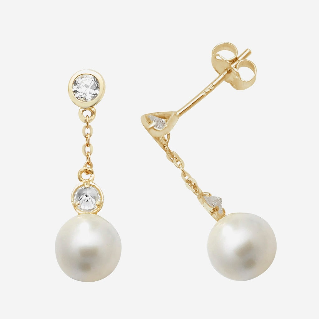 Pearl & CZ Drop Earrings | 9ct Gold - side view