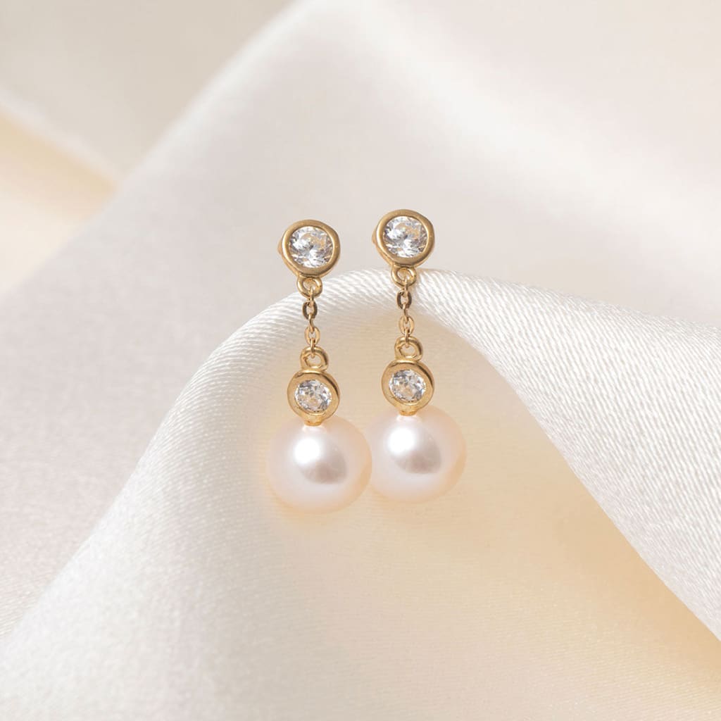 Pearl & CZ Drop Earrings | 9ct Gold