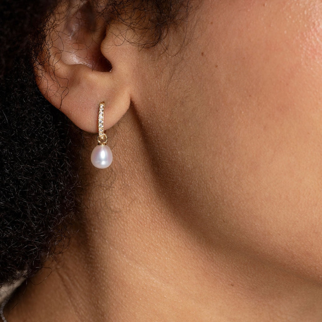 Pearl Drop & CZ Huggies | 9ct Gold - Earrings