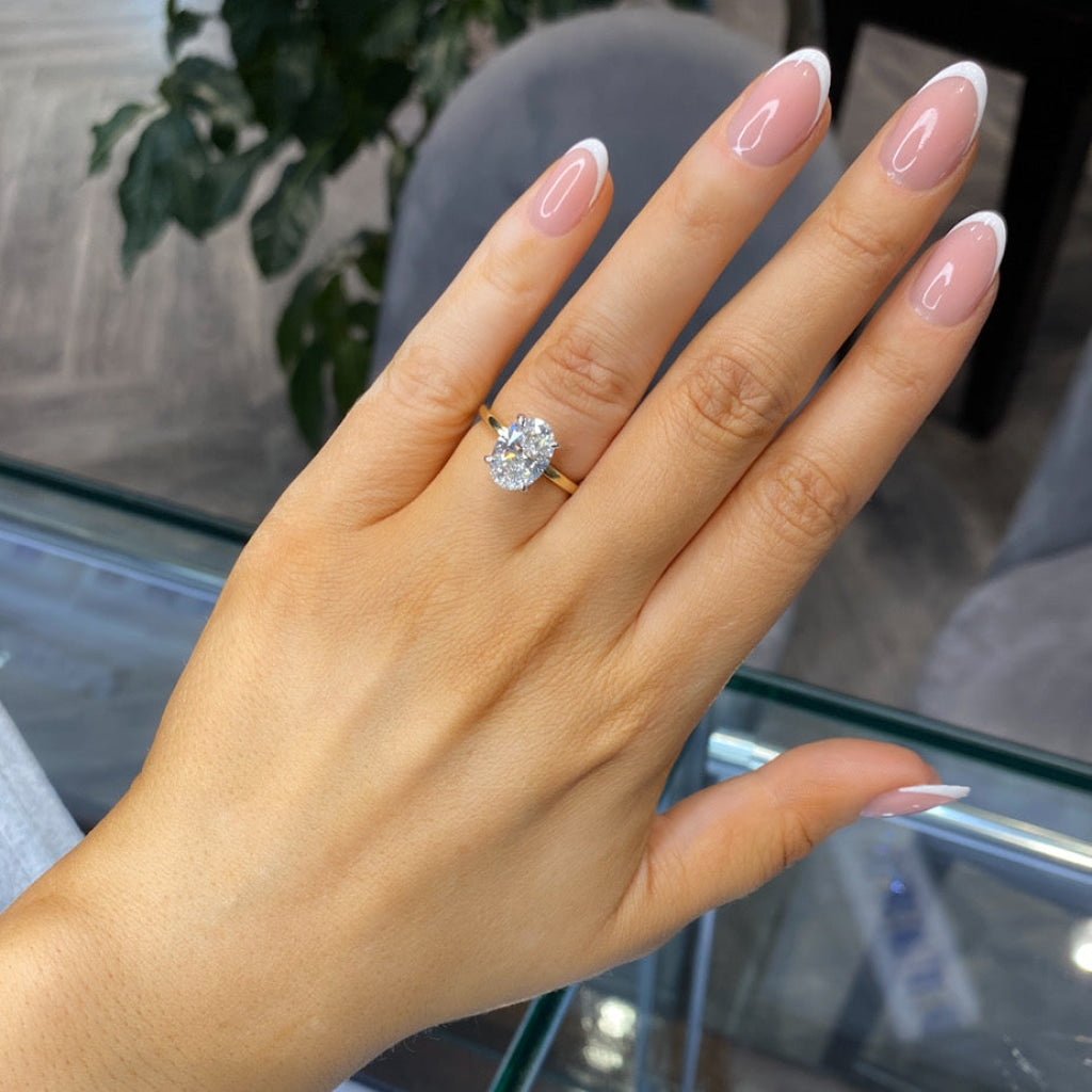 lab grown diamond engagement ring on finger