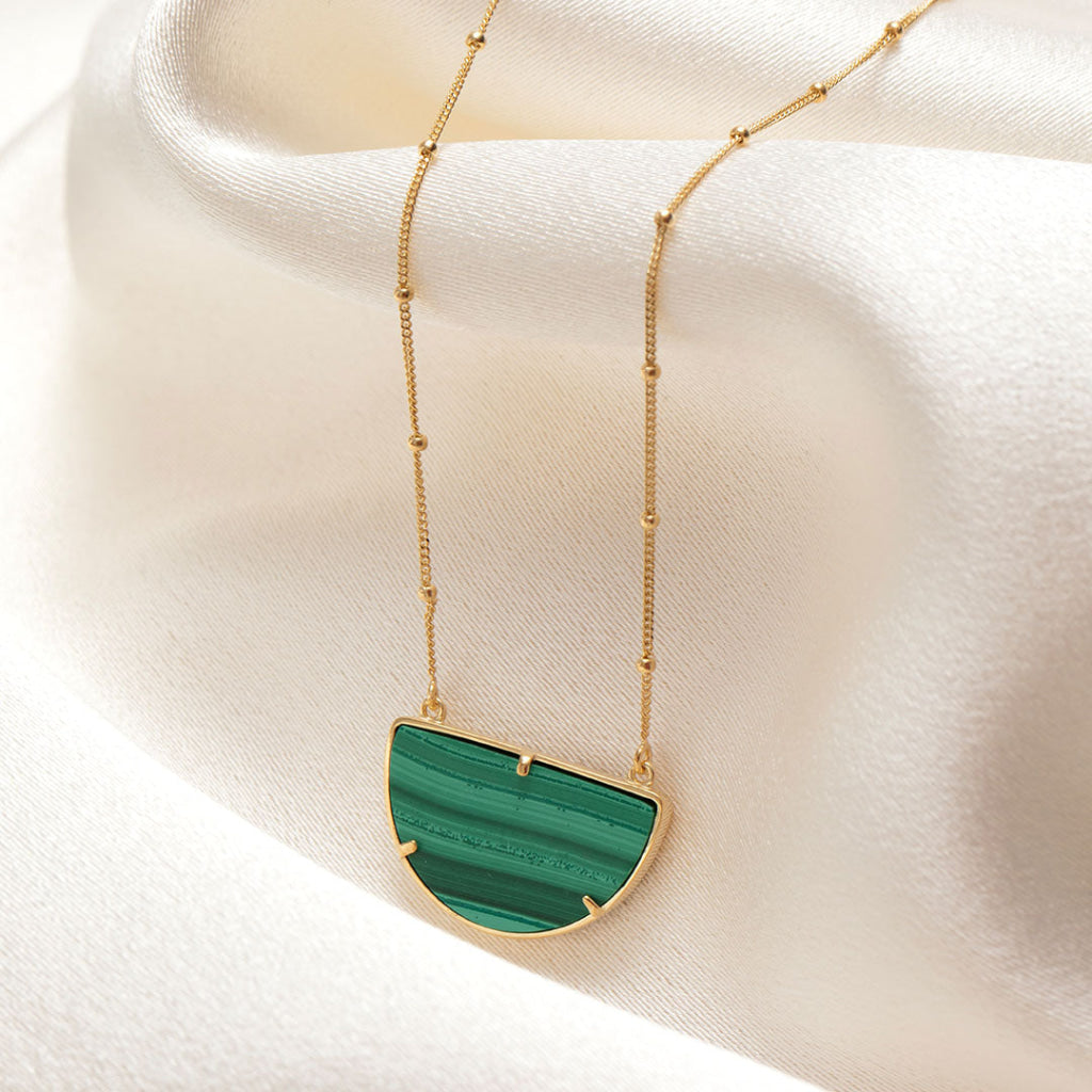 malachite half moon necklace with beaded gold chain