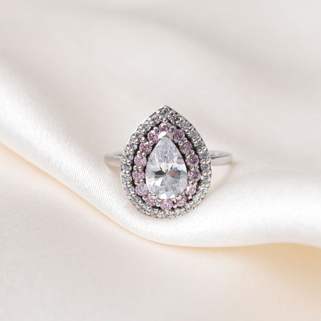 Pink Pear Zirconia Ring | 9ct White Gold - N - Rings