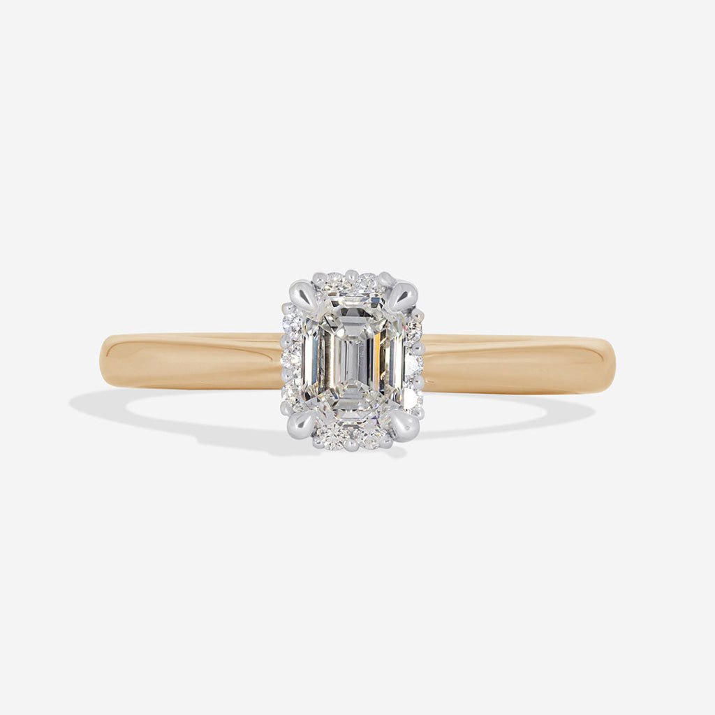 QUINCY 0.58ct | Emerald Cut Halo Natural Diamond Engagement Ring in 18ct Gold