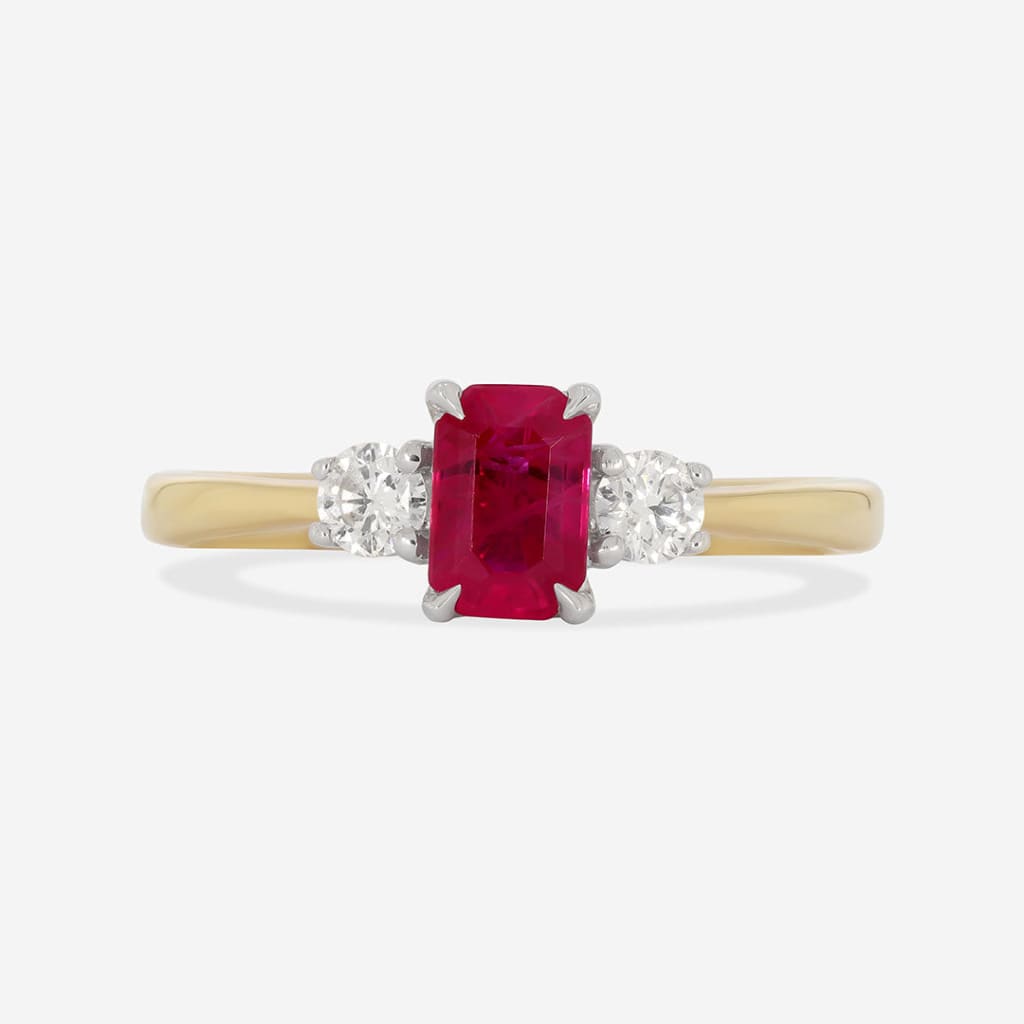 RAYAN | Emerald Cut 3-Stone Diamond and Ruby Engagement Ring