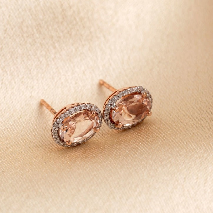 12 Oval Diamond Halo & Morganite Earrings | 9ct Rose Gold - 