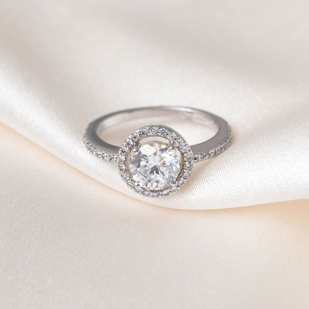 Round Halo CZ Ring | 9ct White Gold - K - Rings